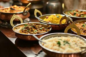 AI generated several dishes of indian cuisine in copper bowls on wooden photo