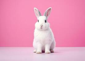 ai generado adorable bronceado y blanco Conejo en rosado antecedentes conejito foto