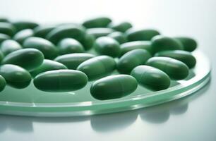 ai generado varios verde y blanco gel pastillas en blanco antecedentes foto