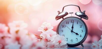 AI generated an alarm clock next to a blossoming cherry tree on a wooden deck photo