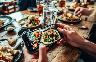ai generado personas tomando un foto en su inteligente teléfono de un plato de comida