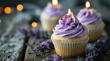 AI generated Lavender birthday cupcake with copy space photo