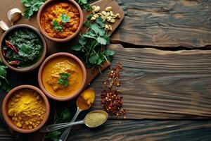 AI generated serving indian cuisine menu with spoons on wooden table top photo