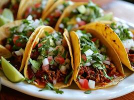 ai generado seis tacos coronado con salsa en un plato foto