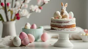 AI generated Stand with Easter cake, painted eggs and bunny photo