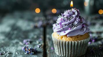 AI generated Lavender birthday cupcake with copy space photo