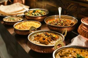 AI generated several dishes of indian cuisine in copper bowls on wooden photo