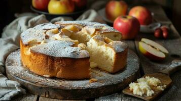 ai generado suave y delicioso esponja pastel o gasa pastel con Fresco manzanas foto