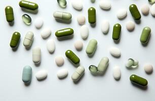 AI generated several green and white gel pills on white background photo