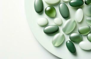 AI generated several green and white gel pills on white background photo