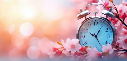 AI generated an alarm clock next to a blossoming cherry tree on a wooden deck photo