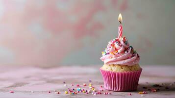 AI generated pink childish birthday cupcake with candle on minimalist background photo