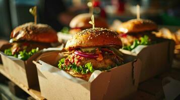 ai generado calle alimento. carne chuleta hamburguesas son en papel cajas foto