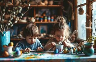 AI generated two children are painting easter with little easter bunny theme photo