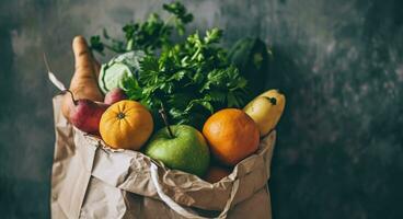 AI generated white paper bag with fruits and vegetables photo