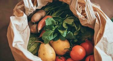 AI generated white paper bag with fruits and vegetables photo