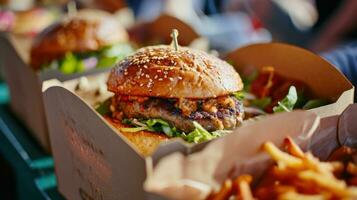 AI generated Street food. Meat cutlet burgers are in paper boxes photo