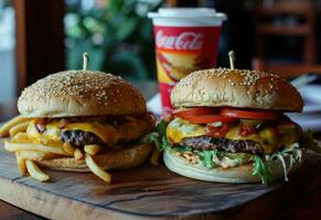 ai generado dos hamburguesas y papas fritas en un de madera piso foto