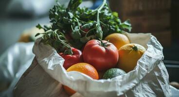 AI generated white paper bag with fruits and vegetables photo