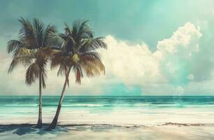 AI generated a picture of a beach with palm trees and the sun out photo