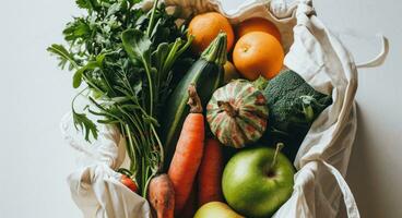 AI generated white paper bag with fruits and vegetables photo