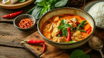 AI generated Thailand tradition red curry with beef,pork or chicken menu in thai photo