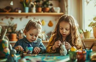 AI generated two children are painting easter with little easter bunny theme photo