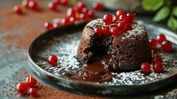 AI generated Warm Chocolate Lava Cake with Bite Taken Out of Molten Center photo