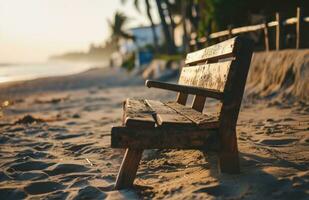 ai generado de madera asiento en arena a el playa foto