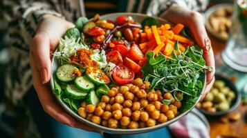 AI generated Woman holding plate with vegan or vegetarian food photo