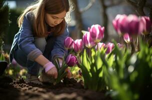 AI generated young woman weeding spring tulips in her garden photo