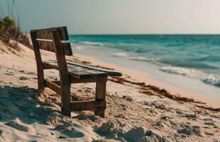 ai generado de madera asiento en arena a el playa foto