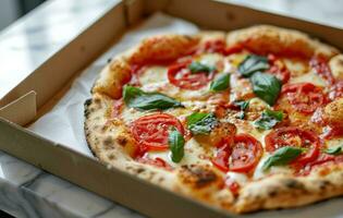 ai generado tomate y queso Pizza en un blanco Pizza caja foto