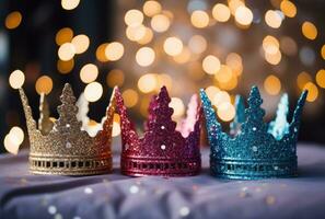 AI generated 3 colourful glittery crowns sitting on top of a table photo