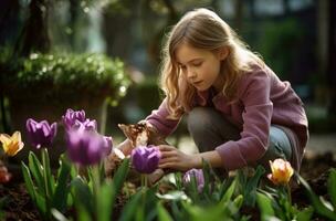 AI generated young woman weeding spring tulips in her garden photo