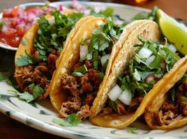 ai generado Tres tacos son servido en un blanco mesa foto