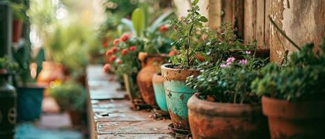 ai generado un jardín con ollas y flores foto