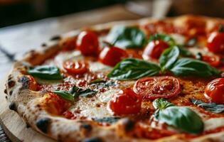 AI generated a large pizza with tomatoes and basil on it photo