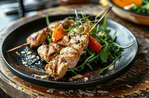 ai generado un plato con pollo brochetas y verduras en un negro plato foto