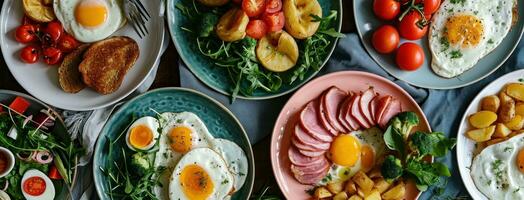 ai generado un manojo de platos laico fuera con huevos, patatas foto