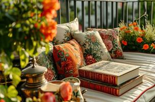 AI generated a couch is on a balcony next to three books photo