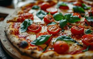 AI generated a large pizza with tomatoes and basil on it photo