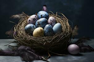AI generated a nest full of easter eggs on a grey background photo