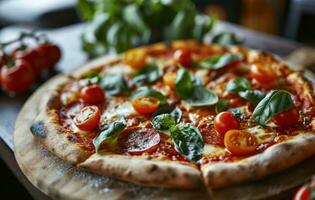 AI generated a large pizza with tomatoes and basil on it photo