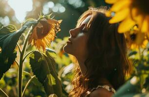 ai generado un niña siguiente a un girasol foto