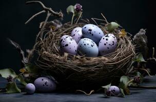 AI generated a nest full of easter eggs on a grey background photo