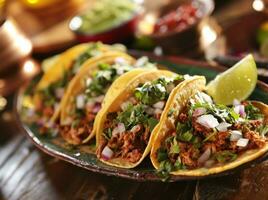 AI generated a large plate of tacos sits on a wooden table photo