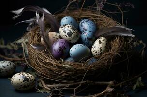 AI generated a nest full of easter eggs on a grey background photo