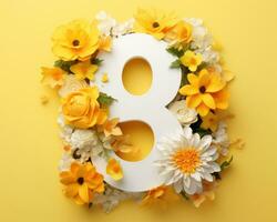 AI generated a number eight in yellow flowers behind it photo