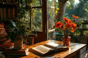 AI generated a living room with a patio and an open book and flower vase photo